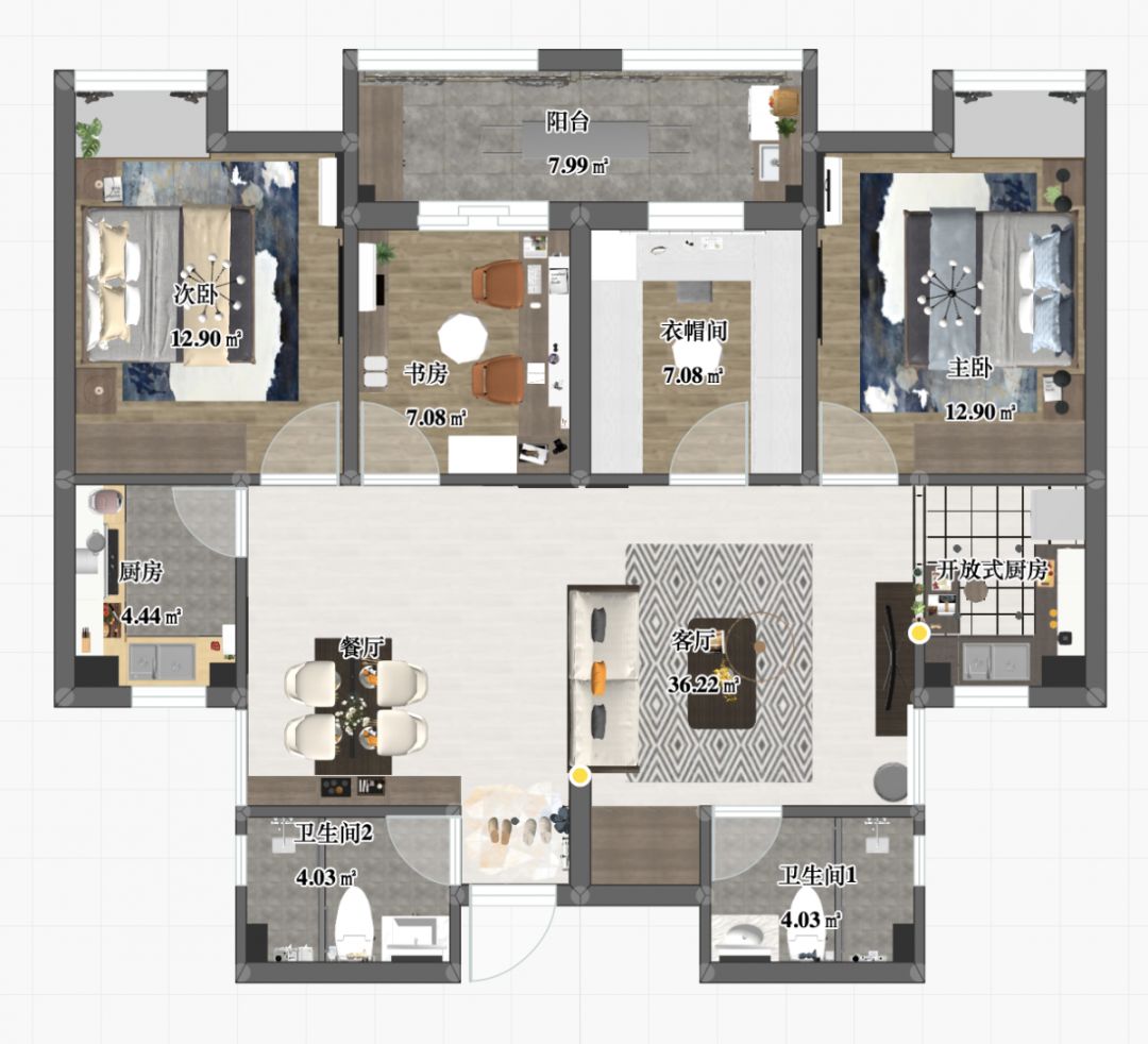 劉萍萍_花崗鴻福城132㎡現代簡約風格_兩套小戶型打通變大宅，中西雙廚房+衣帽間打造品質生活！01彩平圖