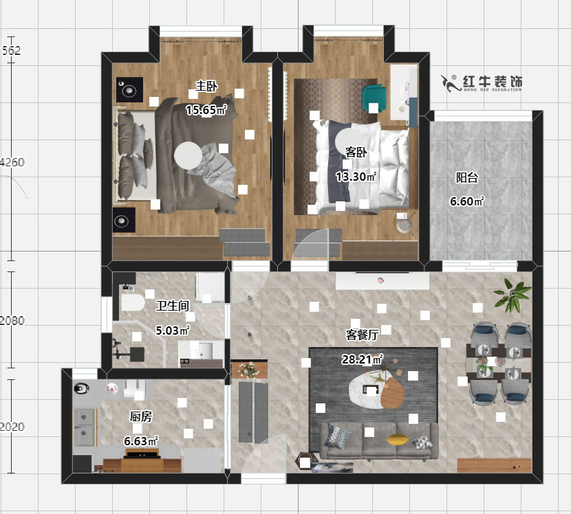 劉曉芳_青桐園12-1507-92㎡-現代風格_彩色平面圖