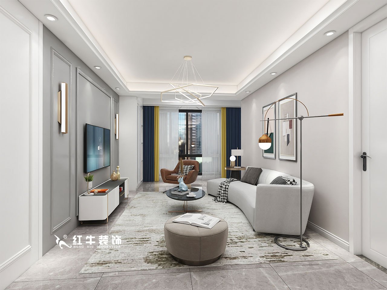 顧娟_金地都會意境118㎡現代風格--弧形沙發設計，獨特有創意！03客廳設計_客廳