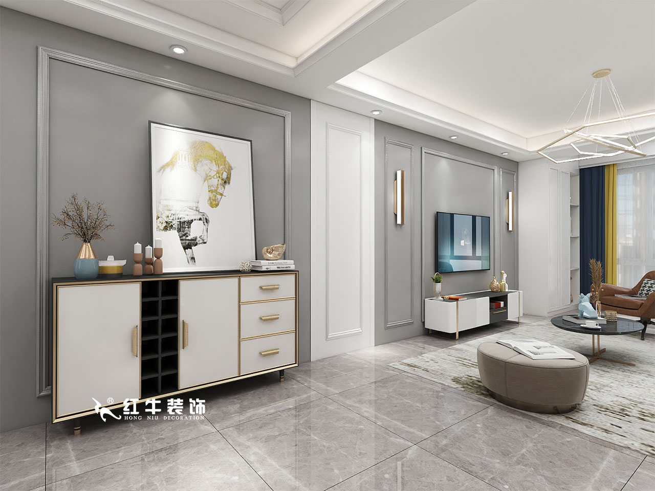 顧娟_金地都會意境118㎡現代風格--弧形沙發設計，獨特有創意！04客廳設計_電視背景墻