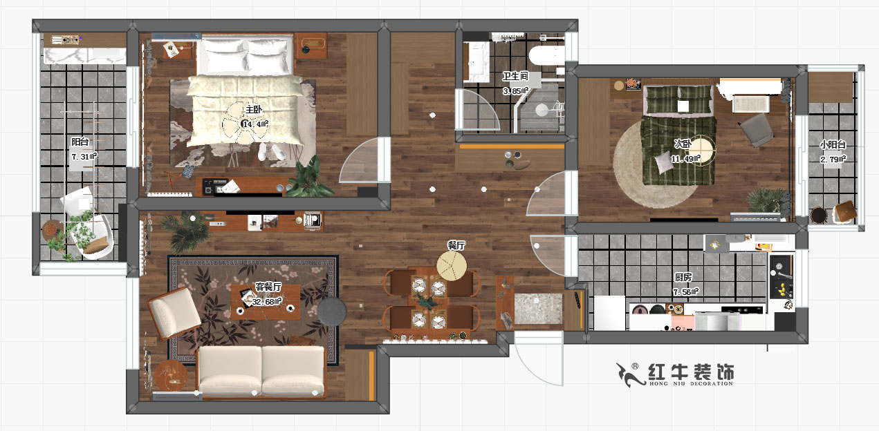 劉小勇_東郊美樹苑6-202-100㎡-現代簡約風格_2室1衛_成品家￥15萬00彩平圖