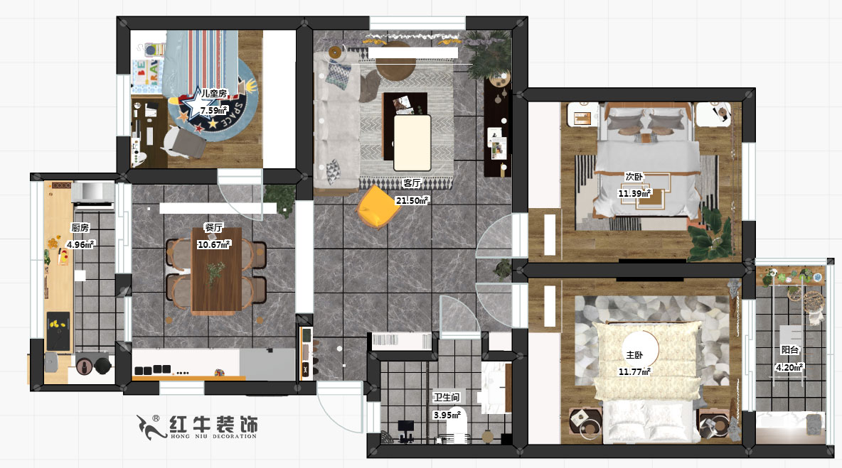 魏明花_南農大72-101-95㎡-北歐風格_3室2廳1衛_成品家￥142000_全包14萬00彩平圖