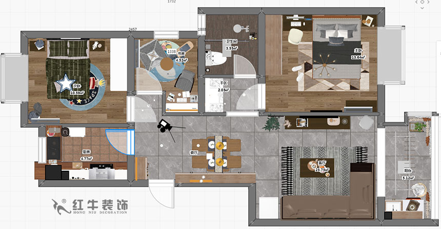 朱明琪_中交錦蘭薈21-303-86㎡-現代簡約風格_3室2廳1衛（新房裝修）_成品家￥93634_全包10萬00_03彩平圖