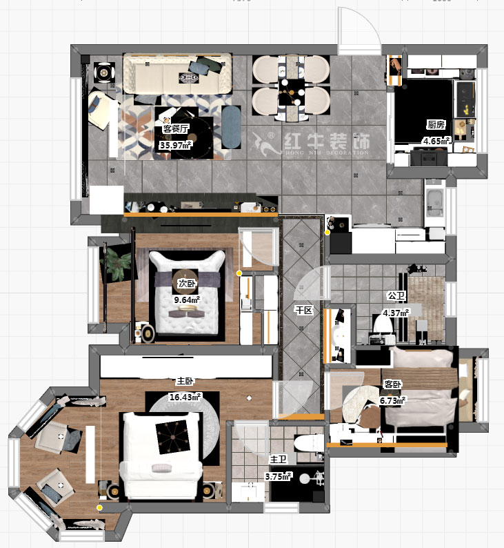 蔣琛_中南世紀雅苑6-801-105㎡-簡歐輕奢風格_3室2廳2衛（二手房裝修）_定制家￥176971_全包15萬00_03彩平圖