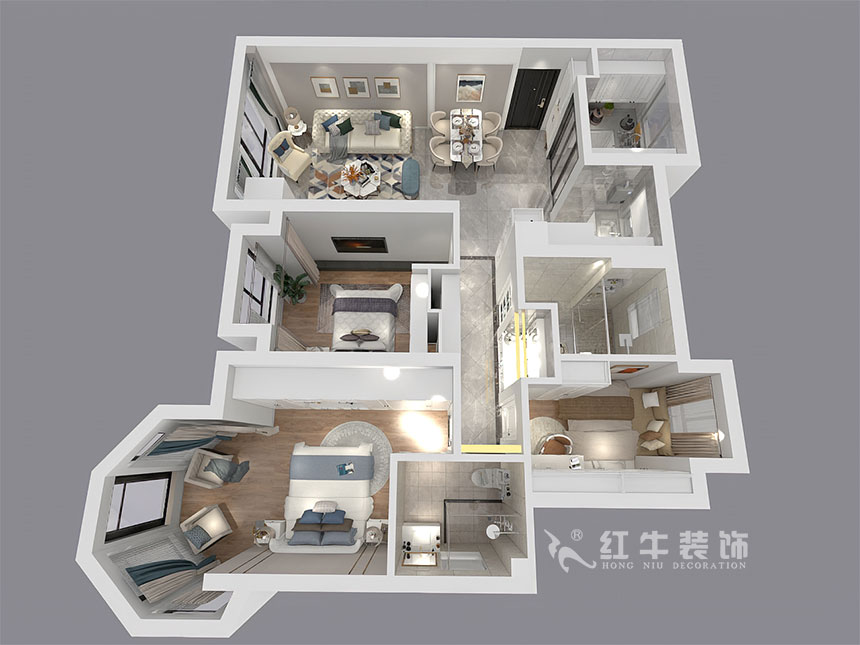 蔣琛_中南世紀雅苑6-801-105㎡-簡歐輕奢風格_3室2廳2衛（二手房裝修）_定制家￥176971_全包15萬00_04鳥瞰圖