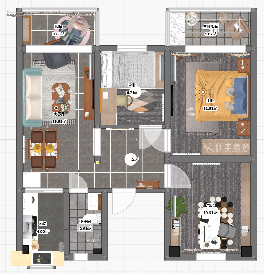 孟憲濤_良友里4-2-603-85㎡-現代風格_3室1廳1衛（二手房裝修）_定制家￥89000_全包9萬00_03彩平圖