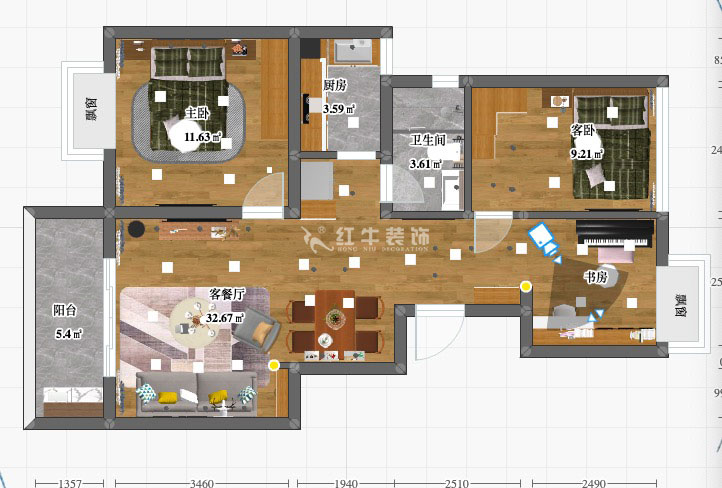 陸利民_紅豆香江華庭5-2-104-87㎡-現代風格_3室2廳1衛（新房裝修）_定制家￥114000_全包12萬00_03彩平圖