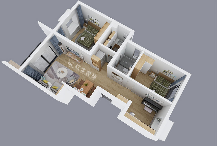 陸利民_紅豆香江華庭5-2-104-87㎡-現代風格_3室2廳1衛（新房裝修）_定制家￥114000_全包12萬00_04鳥瞰圖