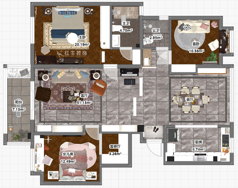 魏明花_華府國際8-1-801-142㎡-美式風格_3室2廳1衛（毛坯房裝修）_定制家￥206480_全包20萬00_03彩平圖