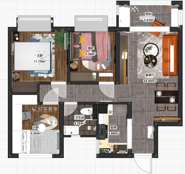 朱明琪_印象花園3-803-89㎡-現代輕奢風格_3室2廳1衛（新房裝修）_成品家￥100000_全包13萬00_03彩平圖