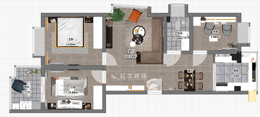 熊皓宇_東城水岸6-B-204-100㎡-現代簡約風格_3室2廳1衛（老房翻新）_成品家￥165270_全包14萬00_03彩平圖