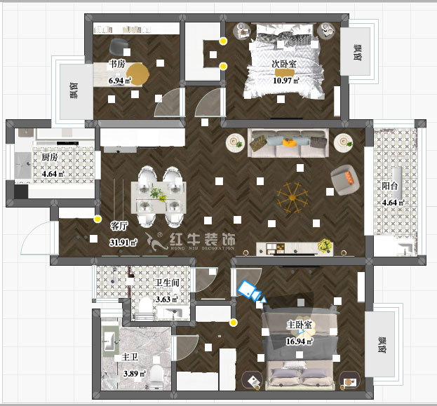 陸利民_萬科金域藍灣15-1606-117㎡-美式風格_2室2廳2衛（舊房改造）_成品家￥195800_全包19萬00_03彩平圖