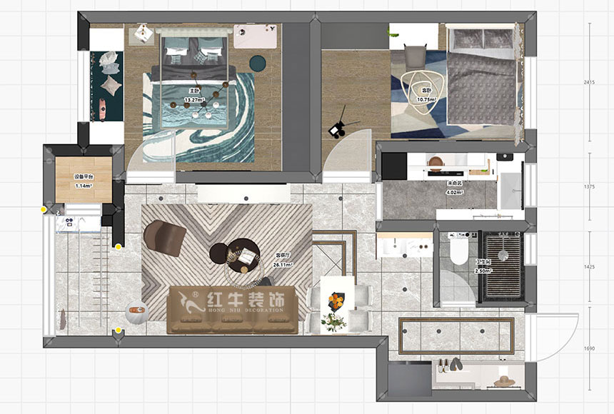 朱明琪_紫楊佳園24-3-910-87㎡-現代簡約風格_2室2廳1衛（新房裝修）_成品家￥120000_全包10萬00_03彩平圖