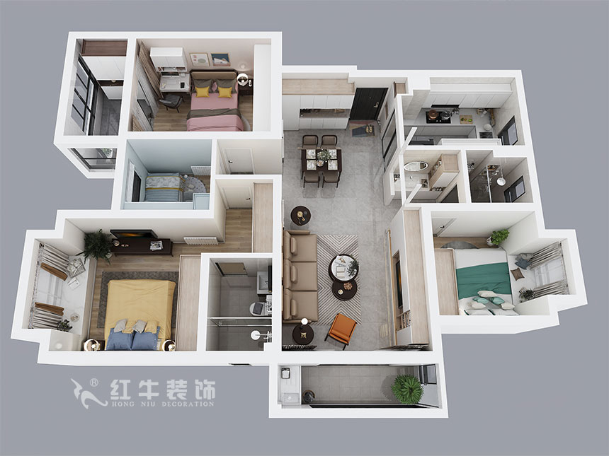 蔣琛｜中交錦蘭薈-130㎡-現代簡約風格｜4室2廳2衛｜新房裝修｜定制家￥165462｜全包17萬｜00_04鳥瞰圖