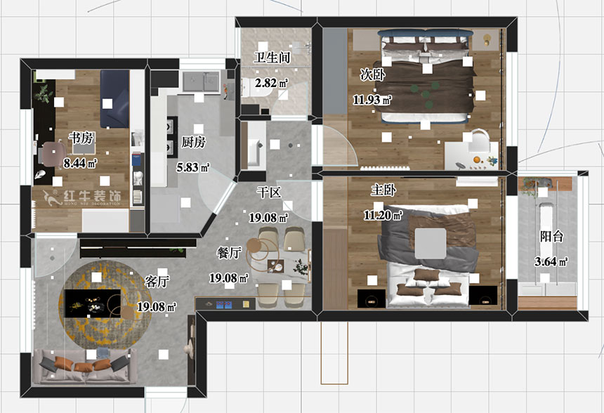 張智猿｜盛和家園南區6-1-1301-80㎡-現代簡約風格｜3室2廳1衛｜老房裝修｜定制家￥106397｜全包11萬｜00_03彩平圖