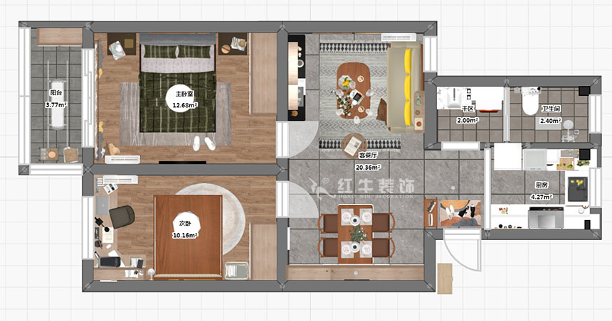 孟憲濤｜雨花村12-606-70㎡-現(xiàn)代風格｜2室1廳1衛(wèi)｜二手房裝修｜成品家￥91000｜全包9萬｜00_03彩平圖
