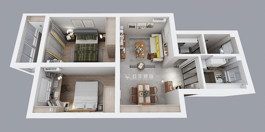 孟憲濤｜雨花村12-606-70㎡-現(xiàn)代風格｜2室1廳1衛(wèi)｜二手房裝修｜成品家￥91000｜全包9萬｜00_04鳥瞰圖