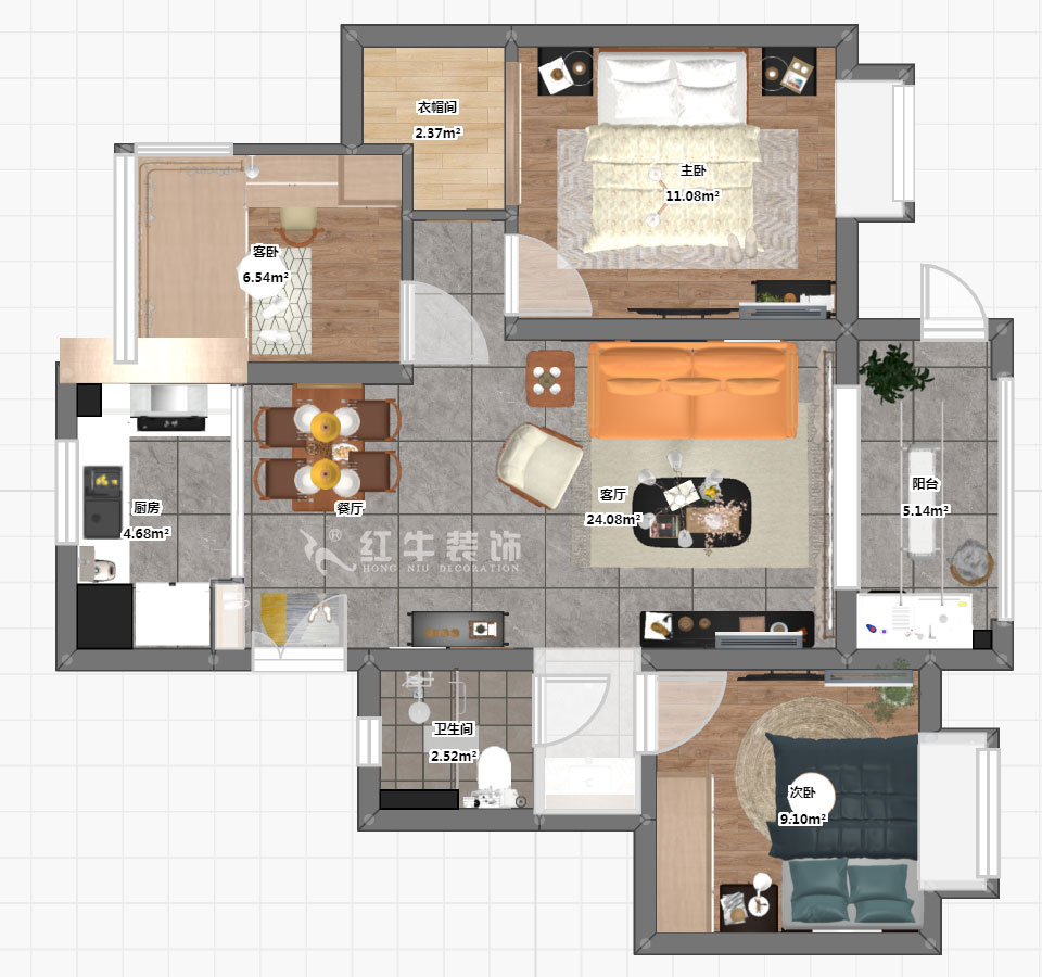 顧娟｜紅豆香江華庭4-3-105-89㎡-現代風格｜2室2廳1衛｜新房裝修｜定制家￥108740｜全包12萬｜00_03彩平圖