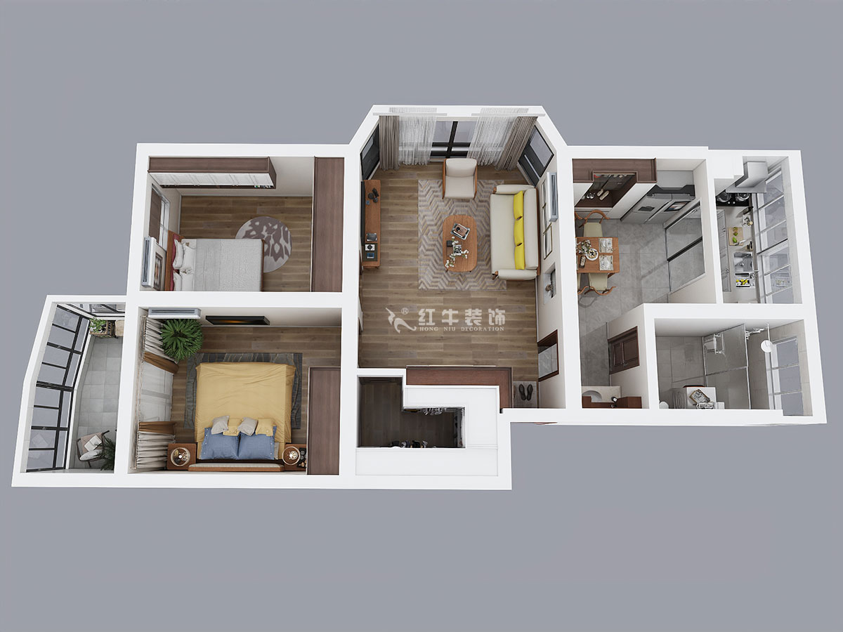 朱彥｜龍蟠花苑2-5-302-86㎡-簡約風格｜3室2廳1衛｜老房裝修｜定制家￥97500｜全包10萬｜00_04鳥瞰圖