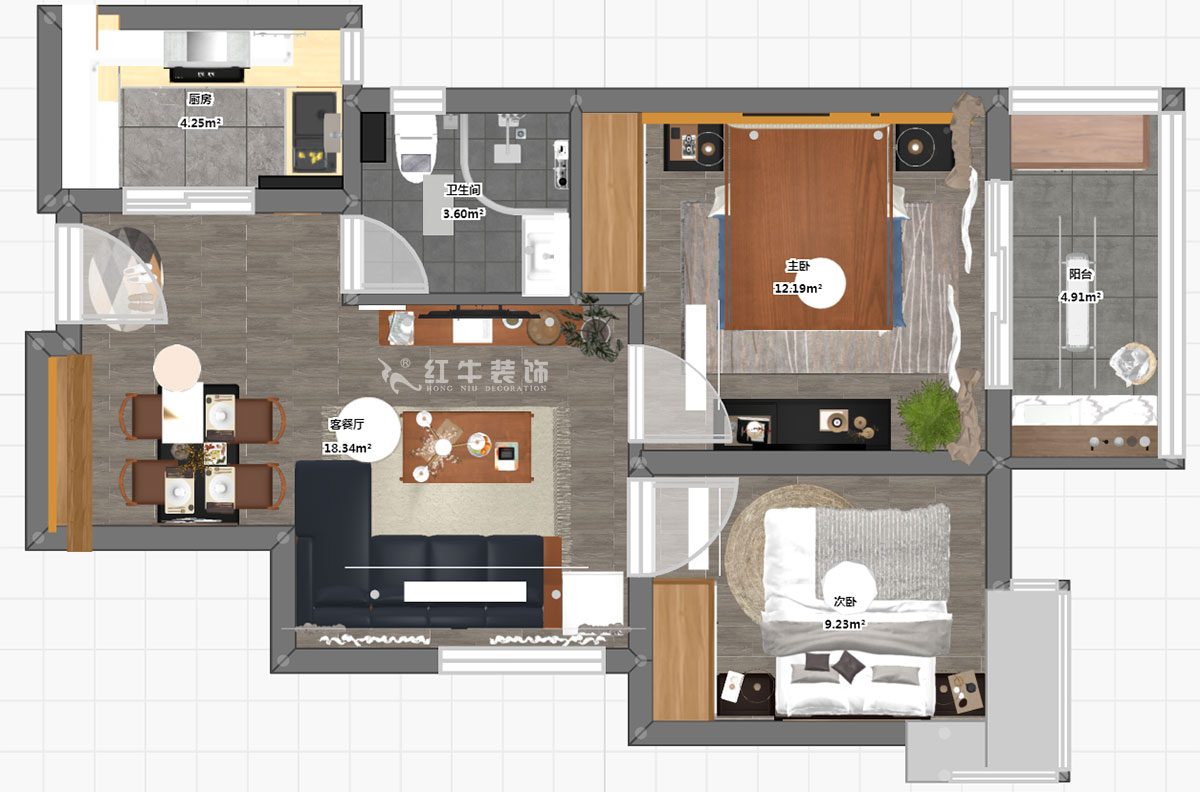 朱彥｜萬壽花苑5-2-1009-68㎡-現(xiàn)代簡約風格｜2室1廳1衛(wèi)｜老房裝修｜成品家￥109300｜全包11萬｜00_03彩平圖