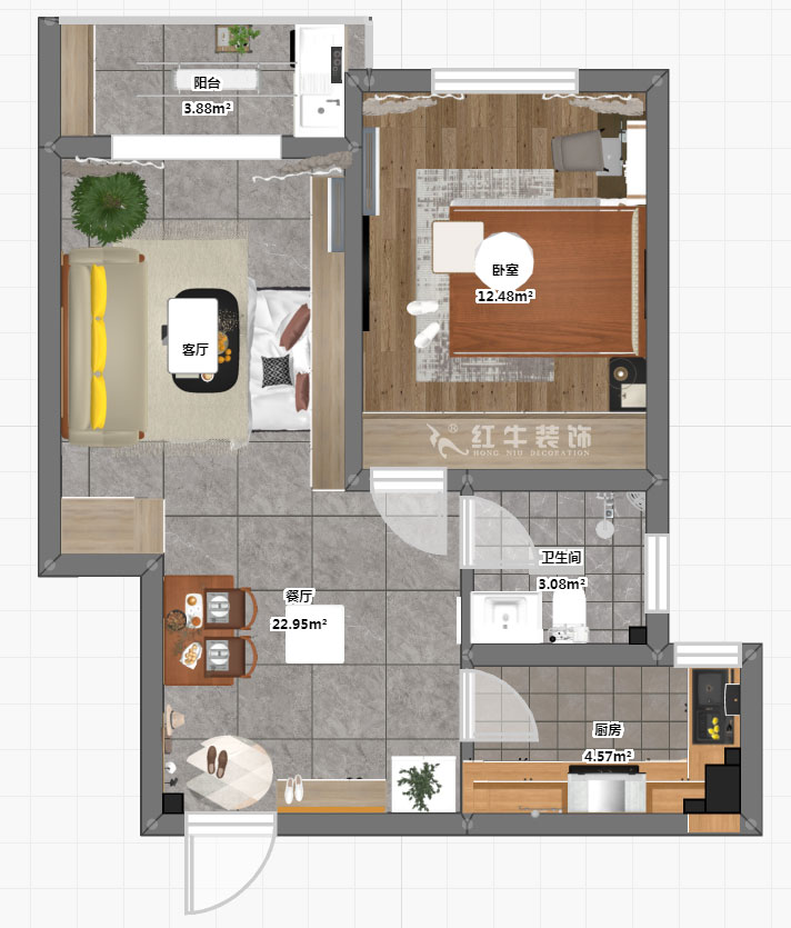 魏明花｜銀龍鑫苑8-4-1015-60㎡-現代簡約風格｜1室1廳1衛｜二手房裝修｜定制家￥103134｜全包10萬｜00_03彩平圖