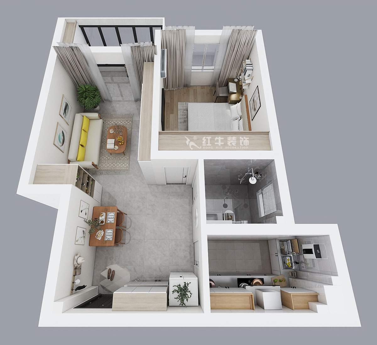 魏明花｜銀龍鑫苑8-4-1015-60㎡-現代簡約風格｜1室1廳1衛｜二手房裝修｜定制家￥103134｜全包10萬｜00_04鳥瞰圖