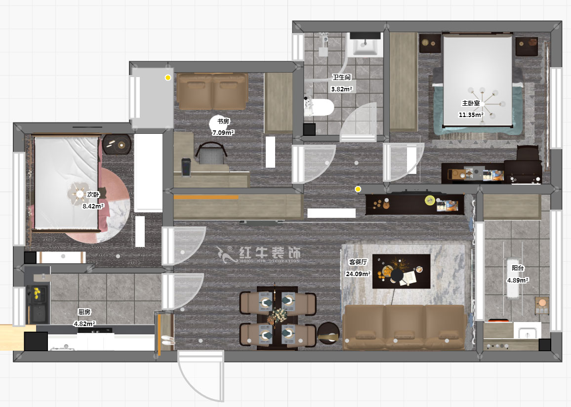 仇美蓉｜中南世紀雅苑二期1-2-2005-78㎡-簡約風格｜3室2廳1衛｜新房裝修｜成品家￥120306｜全包12萬｜00_03彩平圖