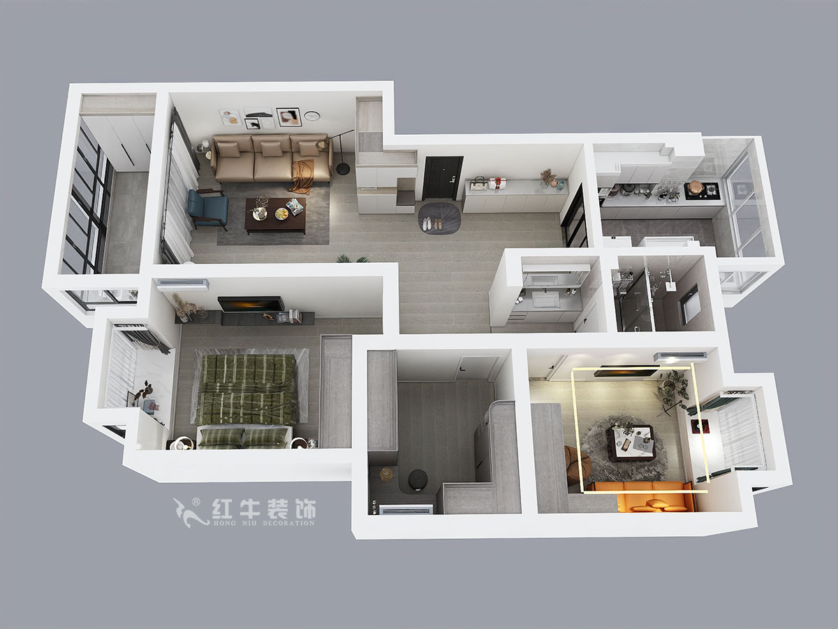 蔣?。趟铺?-3-401-106㎡-現代簡約風格｜3室2廳1衛｜新房裝修｜成品家￥152999｜全包15萬｜00_04鳥瞰圖