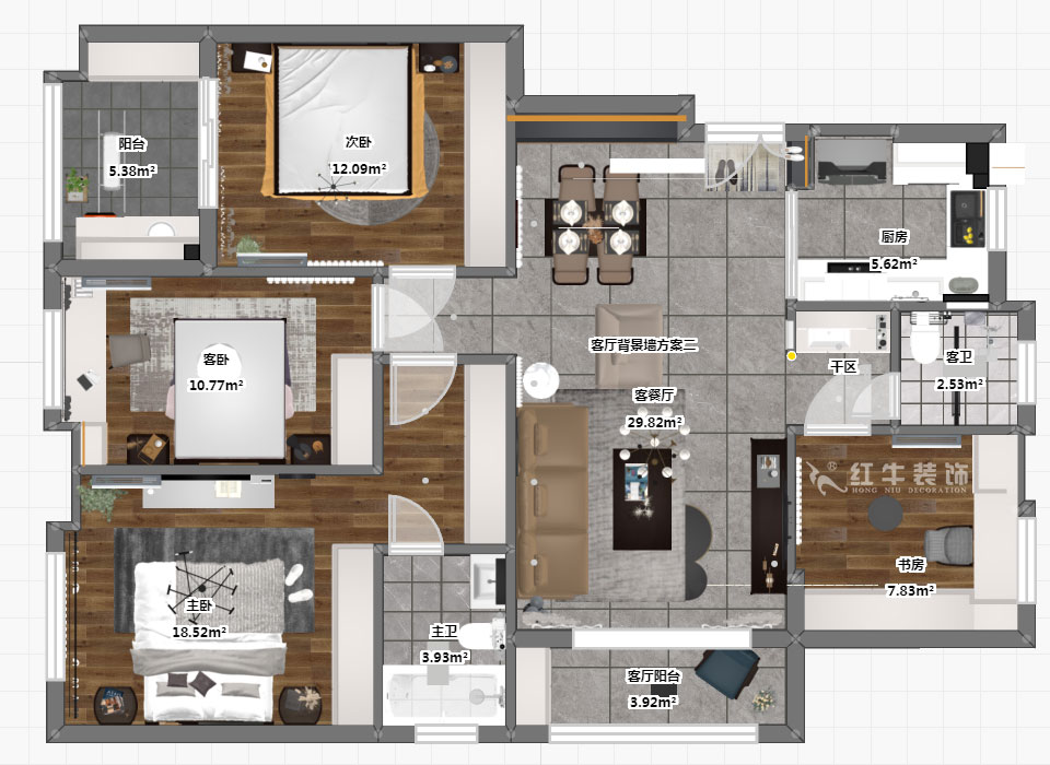 蔣琛｜朗詩萬都玲瓏樾11-601-120㎡-現代簡約風格｜4室2廳2衛｜新房裝修｜定制家￥160129｜全包17萬｜00_03彩平圖