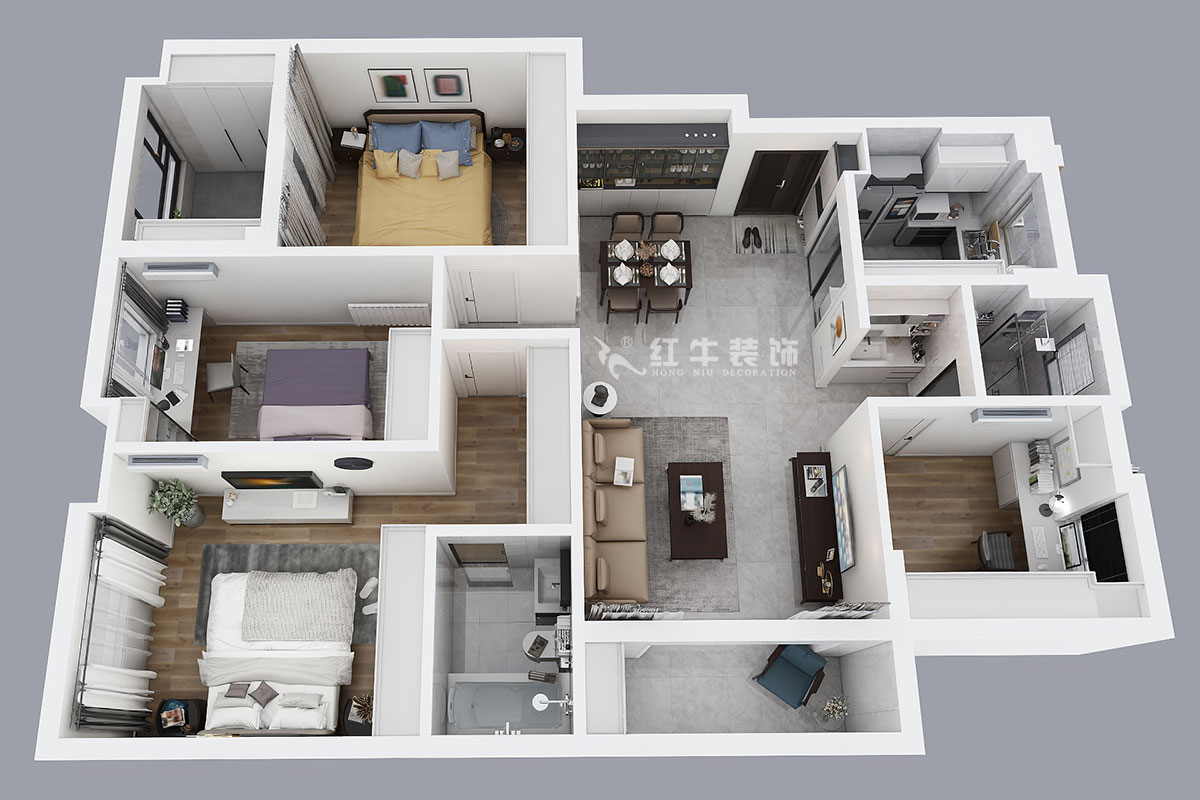 蔣琛｜朗詩萬都玲瓏樾11-601-120㎡-現代簡約風格｜4室2廳2衛｜新房裝修｜定制家￥160129｜全包17萬｜00_04鳥瞰圖