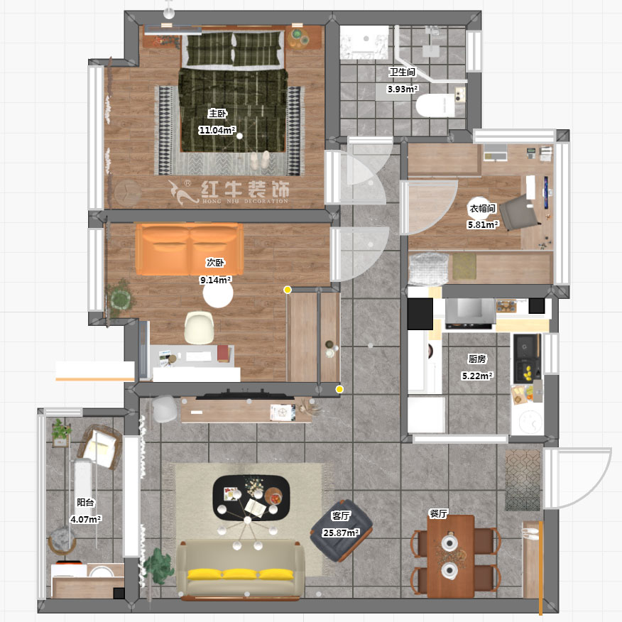 孟憲濤｜華潤幸福里10-2203-88㎡-簡約風格｜3室1廳1衛｜新房裝修｜定制家￥118229｜全包12萬｜00_03彩平圖