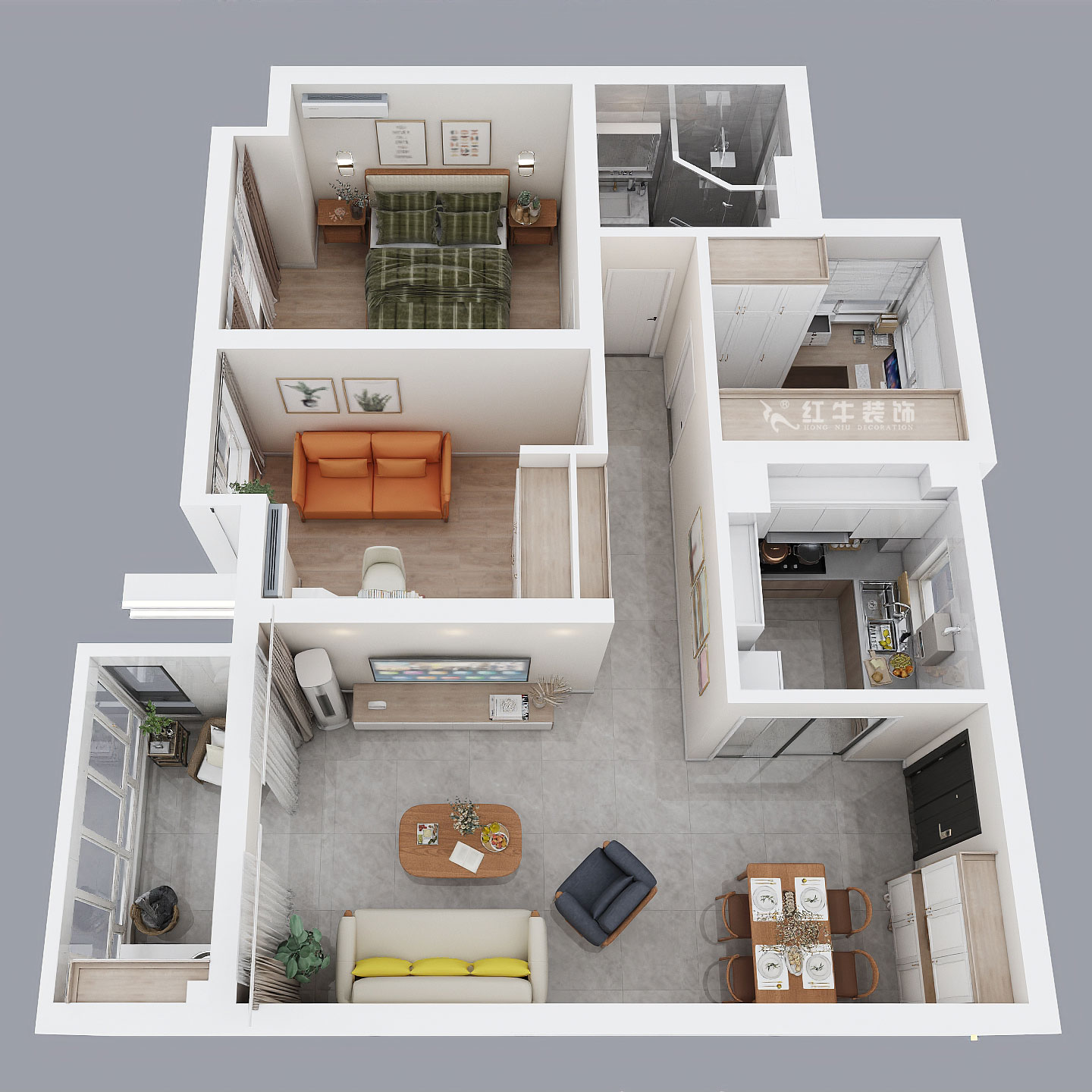 孟憲濤｜華潤幸福里10-2203-88㎡-簡約風格｜3室1廳1衛｜新房裝修｜定制家￥118229｜全包12萬｜00_04鳥瞰圖