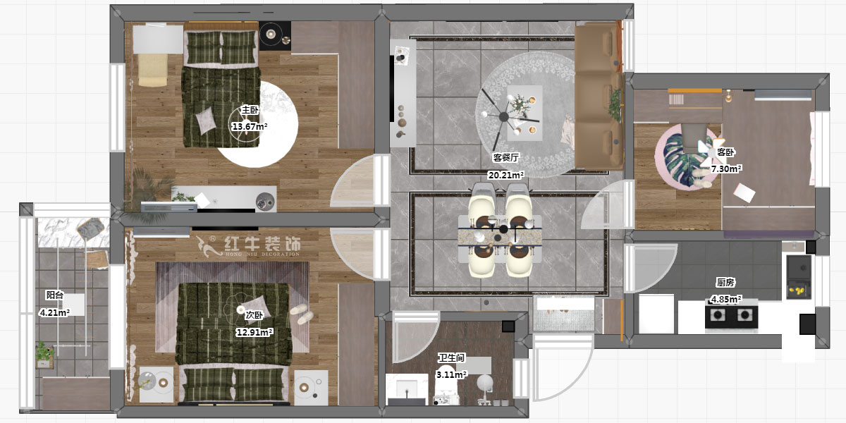 孟憲濤｜寧康苑12-3-205-84㎡-簡約風格｜3室1廳1衛｜老房裝修｜定制家￥113603｜全包12萬｜00_03彩平圖