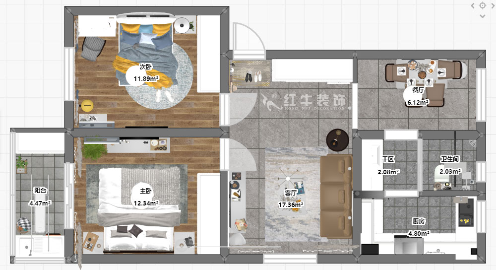 蔣琛｜石門坎110號3-501-75㎡-現(xiàn)代簡約風(fēng)格｜2室2廳1衛(wèi)｜舊房裝修｜成品家￥120000｜全包12萬｜00_03彩平圖