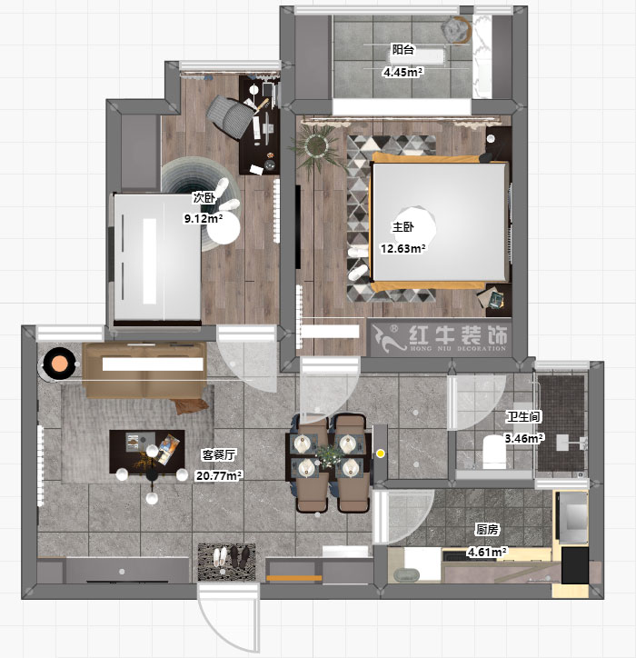 張桐瑋｜龍蟠和園1-1804-64㎡-現代簡約風格｜2室1廳1衛｜新房裝修｜定制家￥87700｜全包10萬｜00_03彩平圖