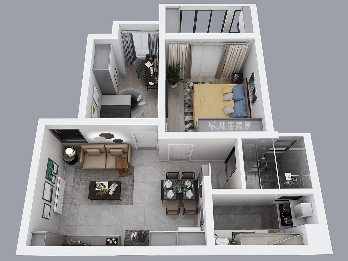 張桐瑋｜龍蟠和園1-1804-64㎡-現代簡約風格｜2室1廳1衛｜新房裝修｜定制家￥87700｜全包10萬｜00_04鳥瞰圖