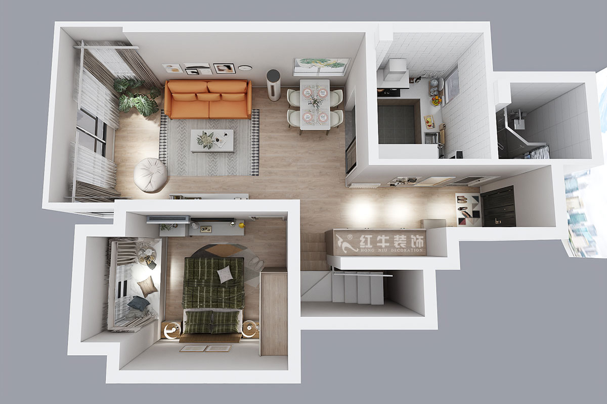 蔣琛｜西華龍樾2-6-312-106㎡-簡約風(fēng)格｜小復(fù)式｜2室2廳2衛(wèi)｜二新房裝修｜成品家￥162999｜全包15萬｜00_07一樓鳥瞰圖