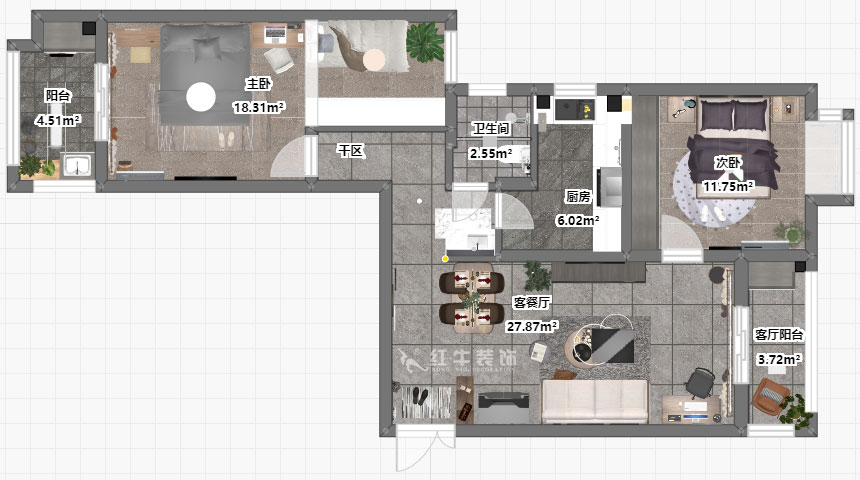 仇美蓉｜御道嘉庭1-1-704-90㎡-簡約風格｜2室2廳1衛｜新房裝修｜定制家￥120137｜全包12萬｜00_03彩平圖