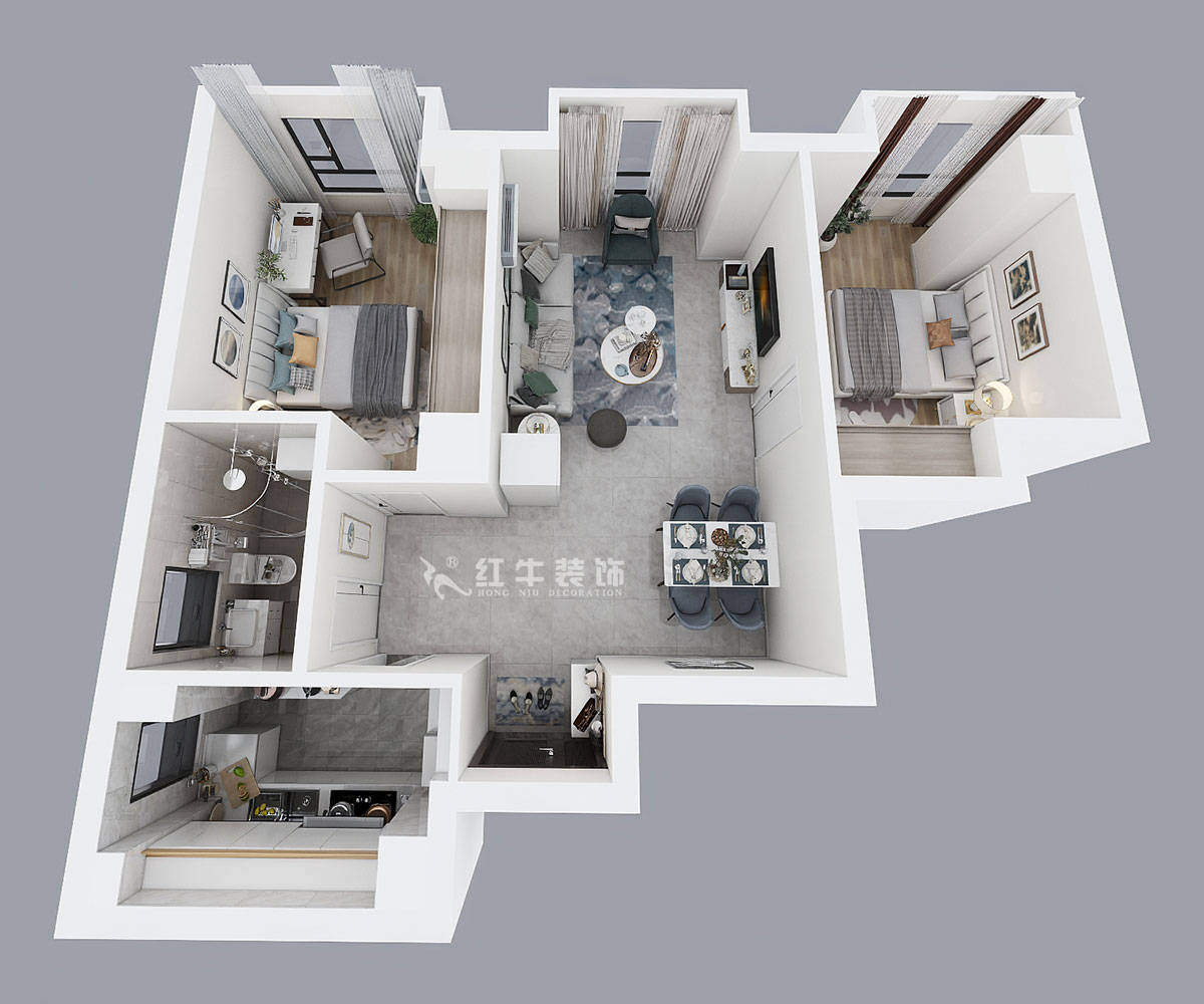 孟憲濤｜明發城市廣場22-803-78㎡-簡約風格｜2室1廳1衛｜商用房裝修｜定制家￥105000｜全包12萬｜00_04鳥瞰圖