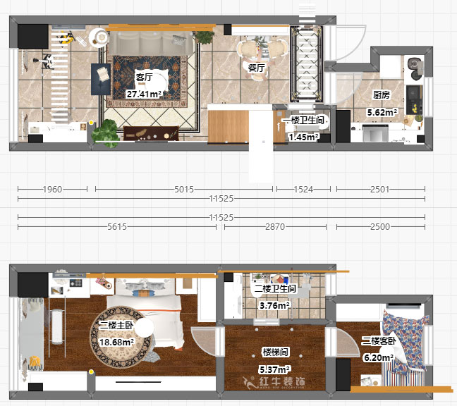 朱彥｜萬科金色里程8-706-70㎡-簡歐風格｜復式35+35㎡｜2室2廳1衛｜定制家￥120000｜全包12萬｜00_05彩平圖