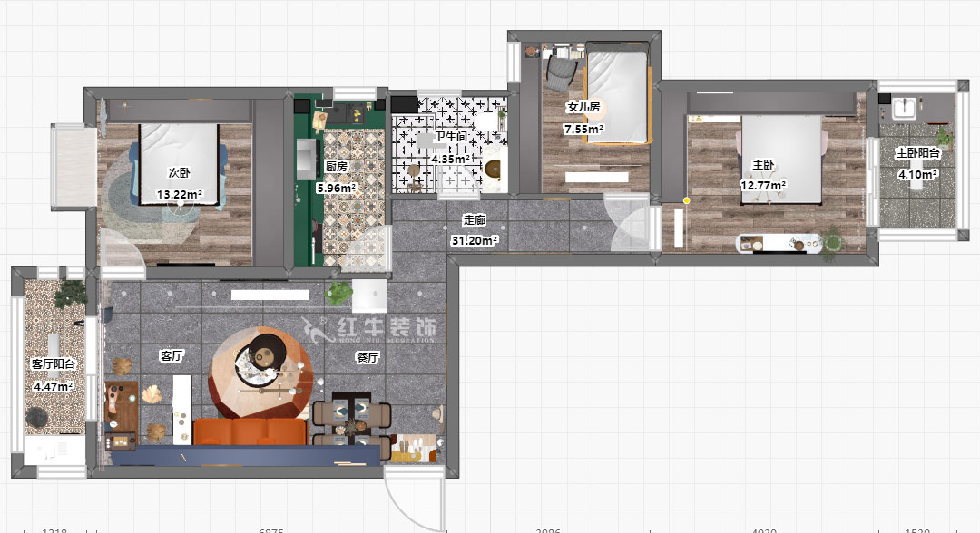 朱明琪｜御道嘉庭8-1105-109㎡-現代簡約風格｜3室2廳1衛｜新房裝修｜定制家￥155777｜全包15萬｜00_03平面彩圖