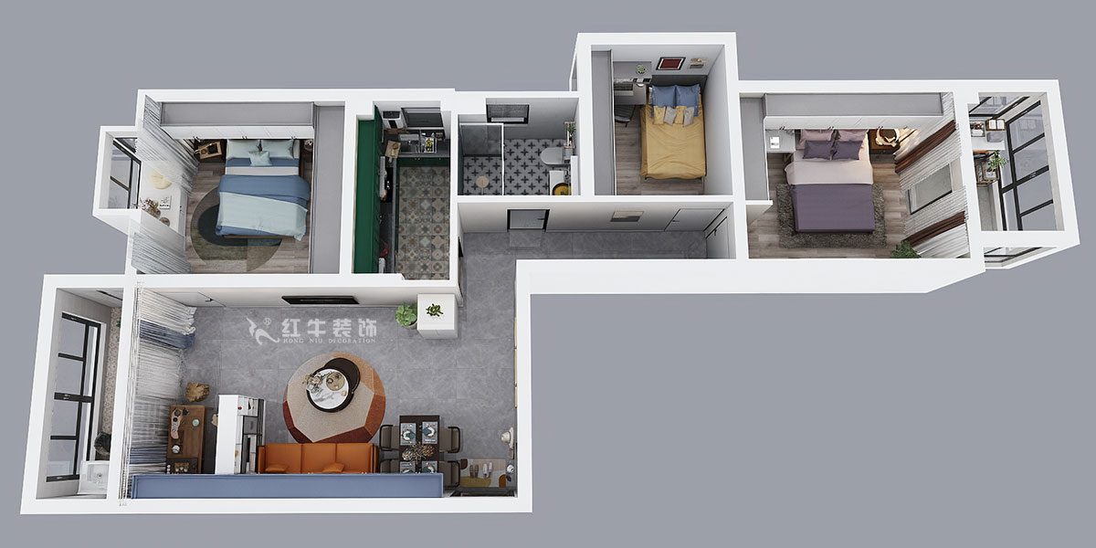 朱明琪｜御道嘉庭8-1105-109㎡-現代簡約風格｜3室2廳1衛｜新房裝修｜定制家￥155777｜全包15萬｜00_04鳥瞰圖