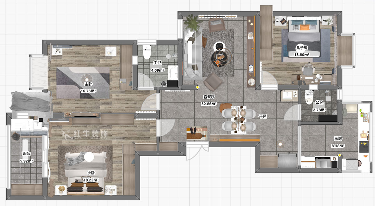魏明花｜御道嘉庭7-1-402-132㎡-現代簡約風格｜3室2廳2衛｜新房裝修｜定制家￥218358｜全包21