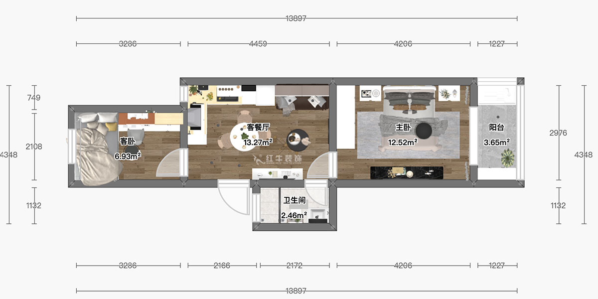 顧娟｜衛崗26號4-3-606-60㎡-簡歐風格｜3室2廳1衛｜舊房裝修｜定制家￥81300｜全包11萬｜00_04彩平圖