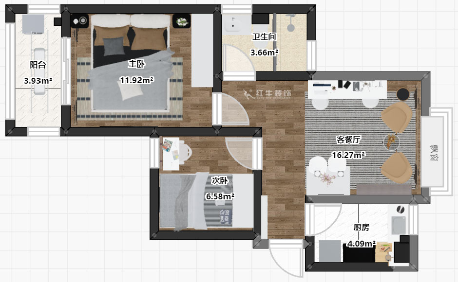 朱彥｜銀龍景苑2-3-712-66㎡-簡(jiǎn)約風(fēng)格｜2室1廳1衛(wèi)｜定制家￥87680｜全包9萬｜00_03彩平圖