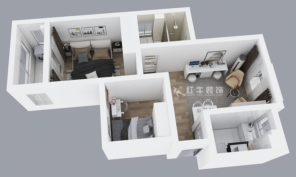 朱彥｜銀龍景苑2-3-712-66㎡-簡(jiǎn)約風(fēng)格｜2室1廳1衛(wèi)｜定制家￥87680｜全包9萬｜00_04俯視圖