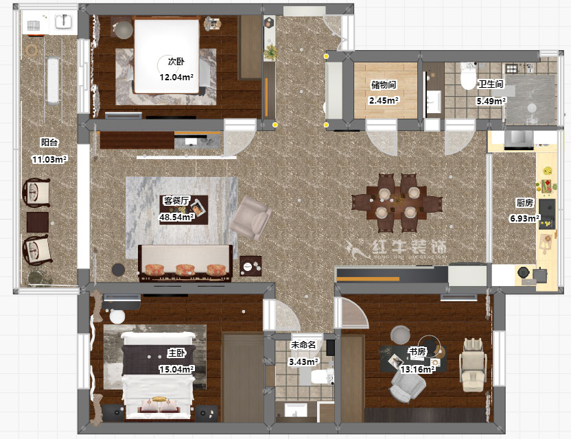 魏明花｜漢中門大街3號-3-4-307-147㎡-現代簡約風格｜3室2廳2衛｜二手房裝修｜定制家￥212979｜全包21萬｜00_02彩平圖