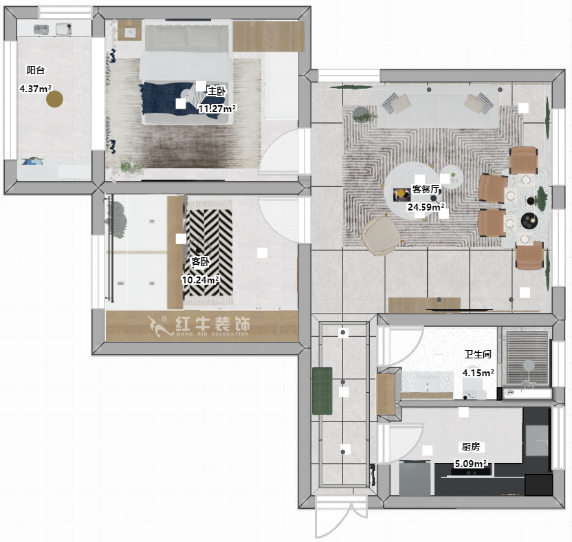 朱明琪｜大新嘉苑8-1004-87㎡-現代簡約風格｜2室2廳1衛｜新房裝修｜成品家￥123916｜全包12萬｜00_03彩平圖