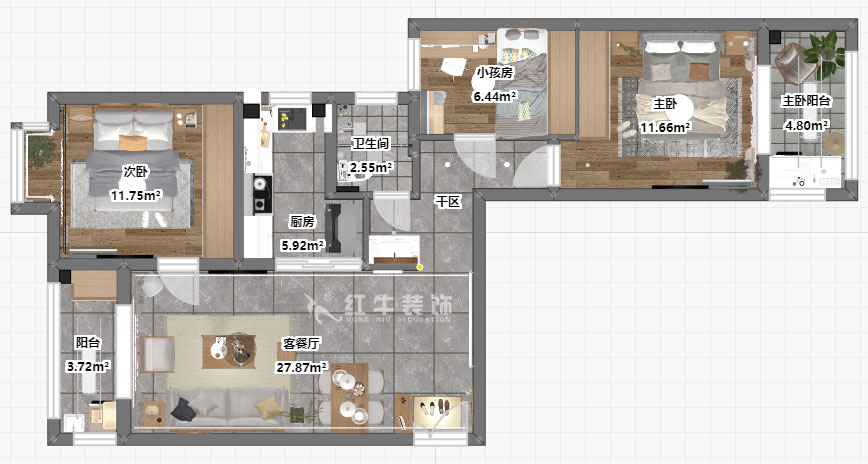 仇美蓉｜御道嘉庭1-1-801-90㎡-簡約風格｜2室2廳1衛｜新房裝修｜定制家￥112797｜全包11萬｜00_03彩平圖