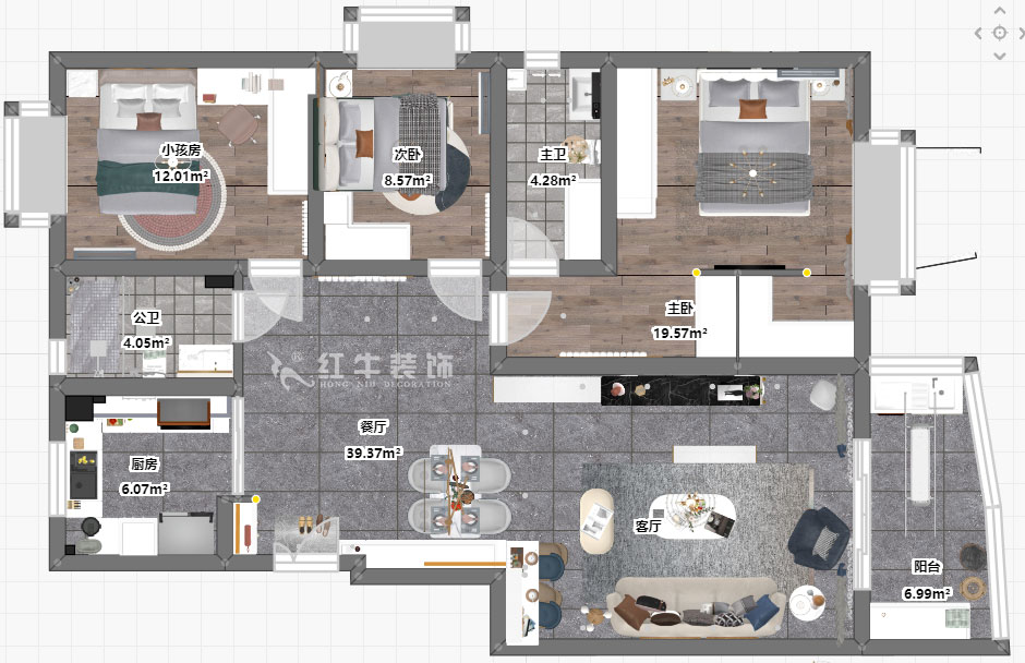 仇美蓉｜錦虹美苑9-1-201-120㎡-現代輕奢風格｜3室2廳2衛｜舊房裝修｜定制家￥184061｜全包18